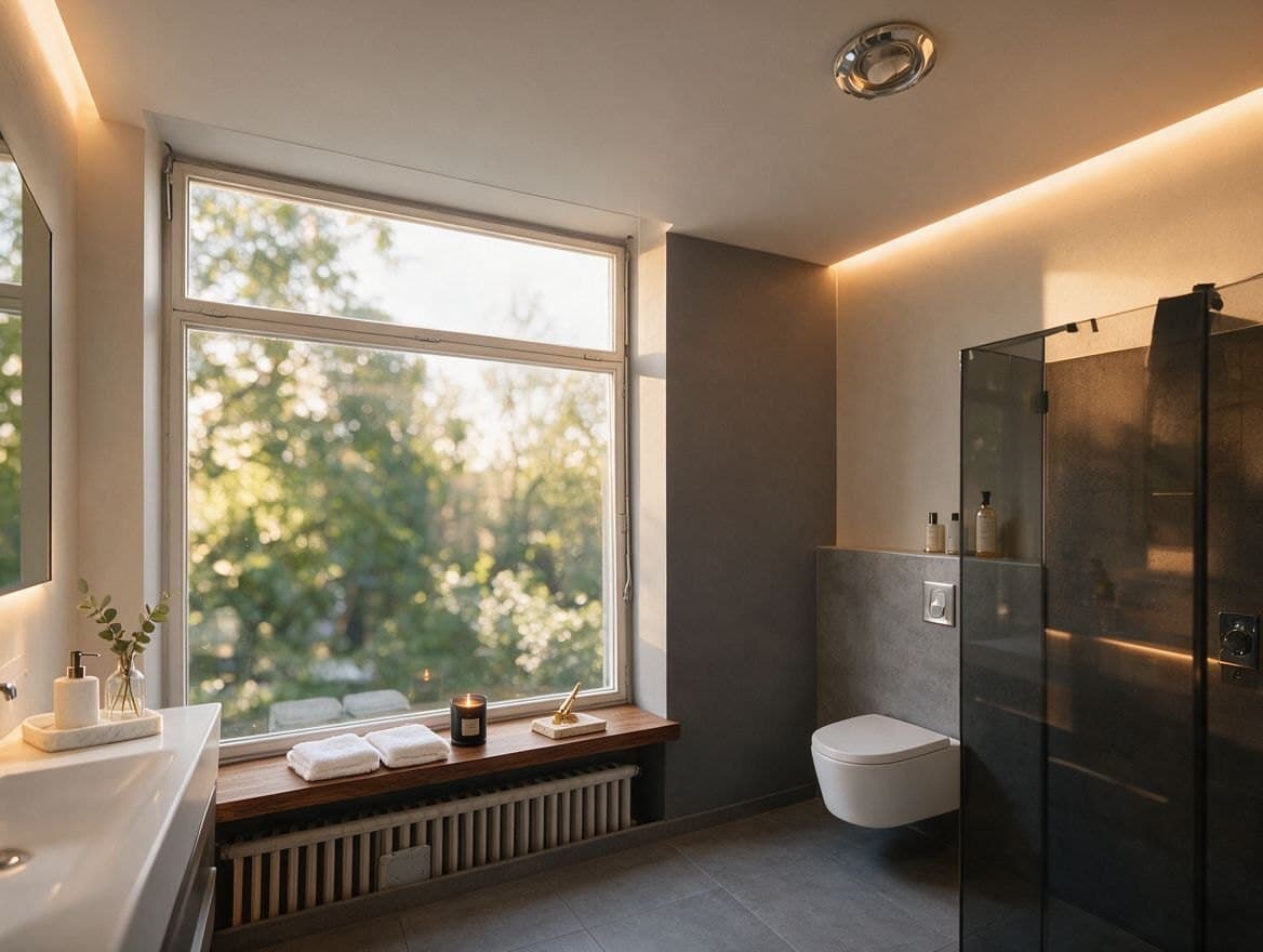 Badezimmer mit Fenster ins Grüne