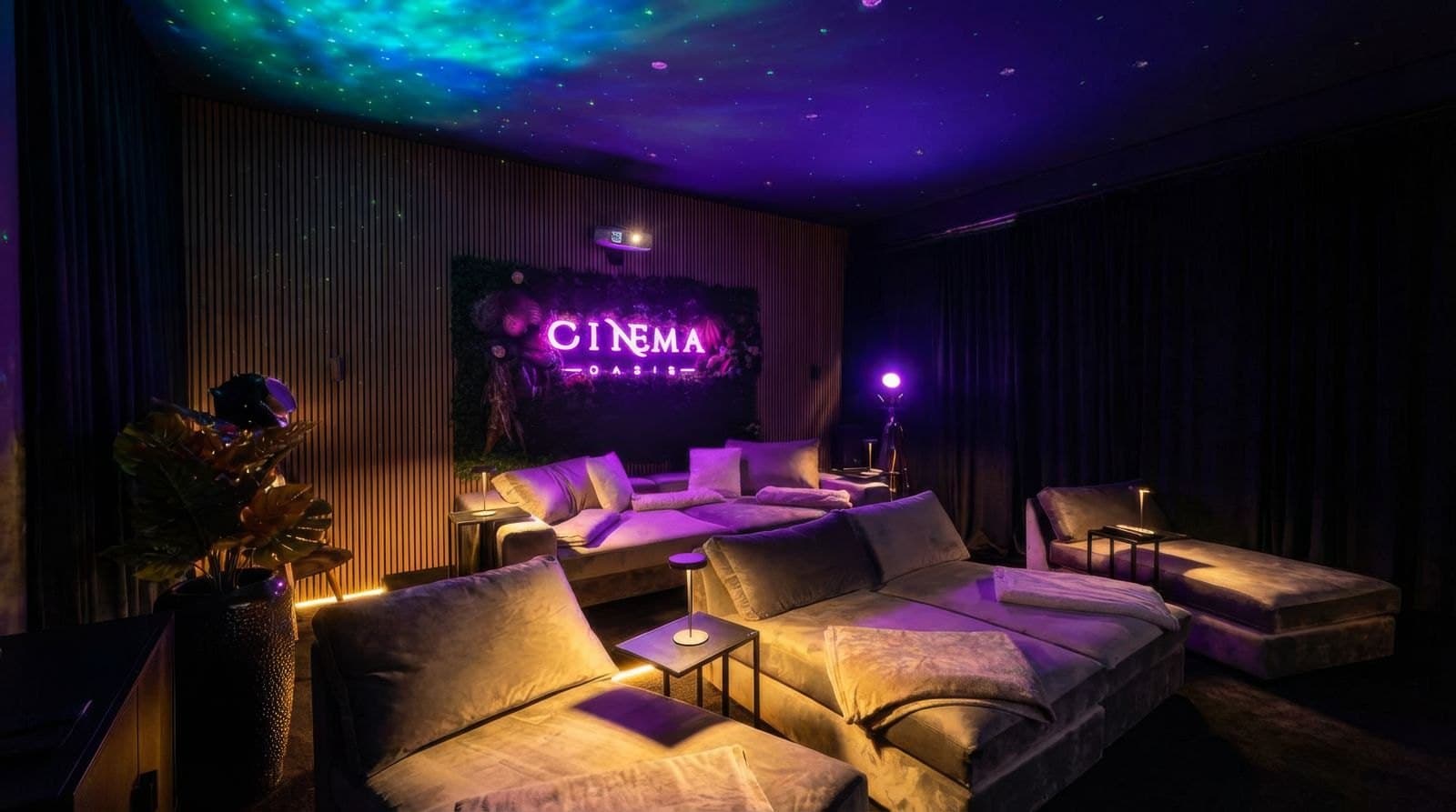 Privatkino mit Sternenhimmel und Neon-Schild