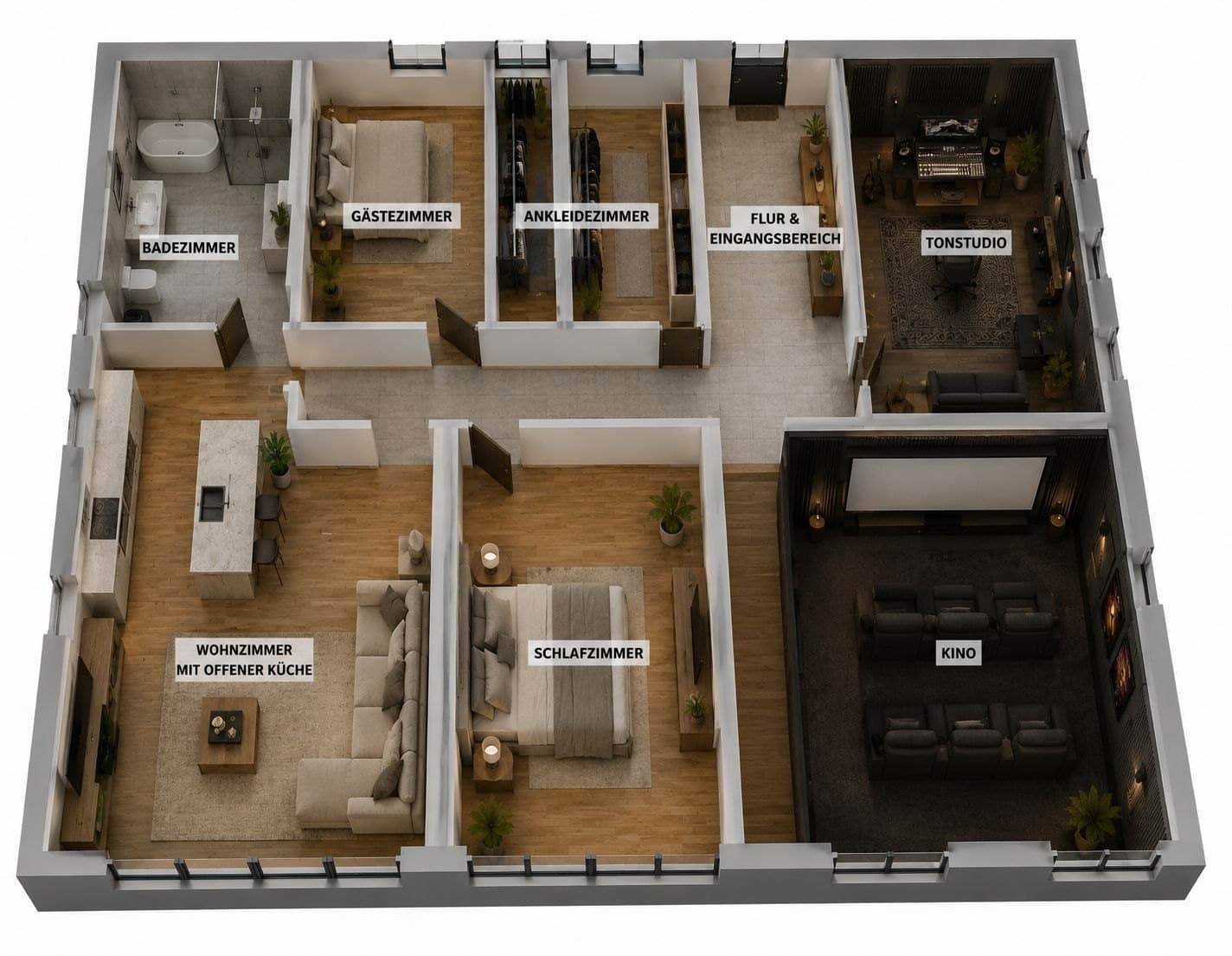 3D-Grundriss der Loft Villa mit acht Räumen