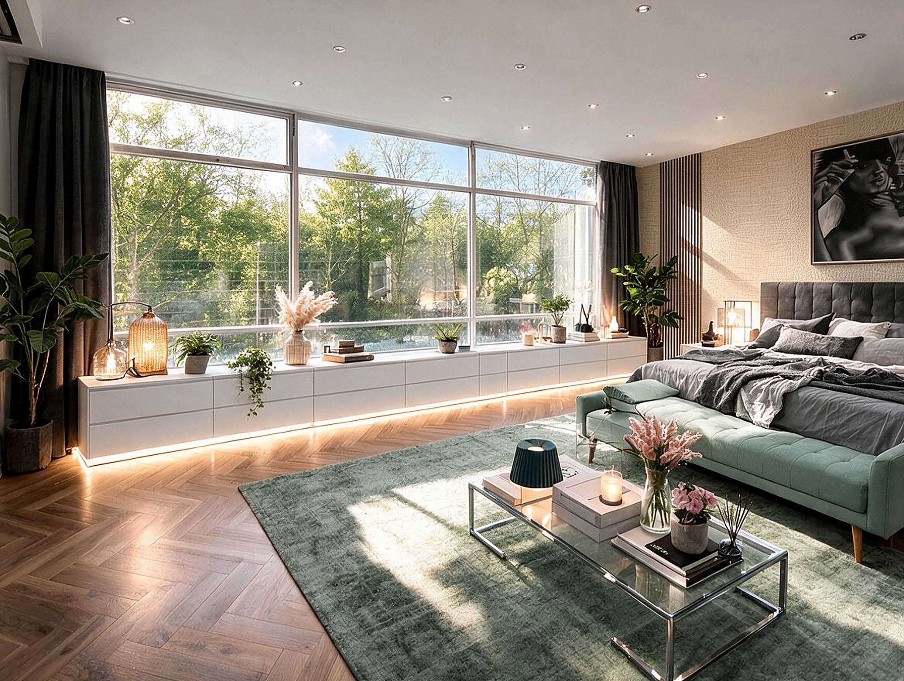 Schlafzimmer der Loft Villa mit Panoramafenster ins Grüne