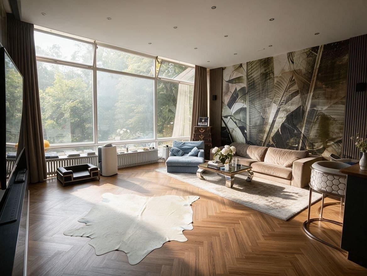 Wohnzimmer mit Fensterfront und Fischgrät-Parkett