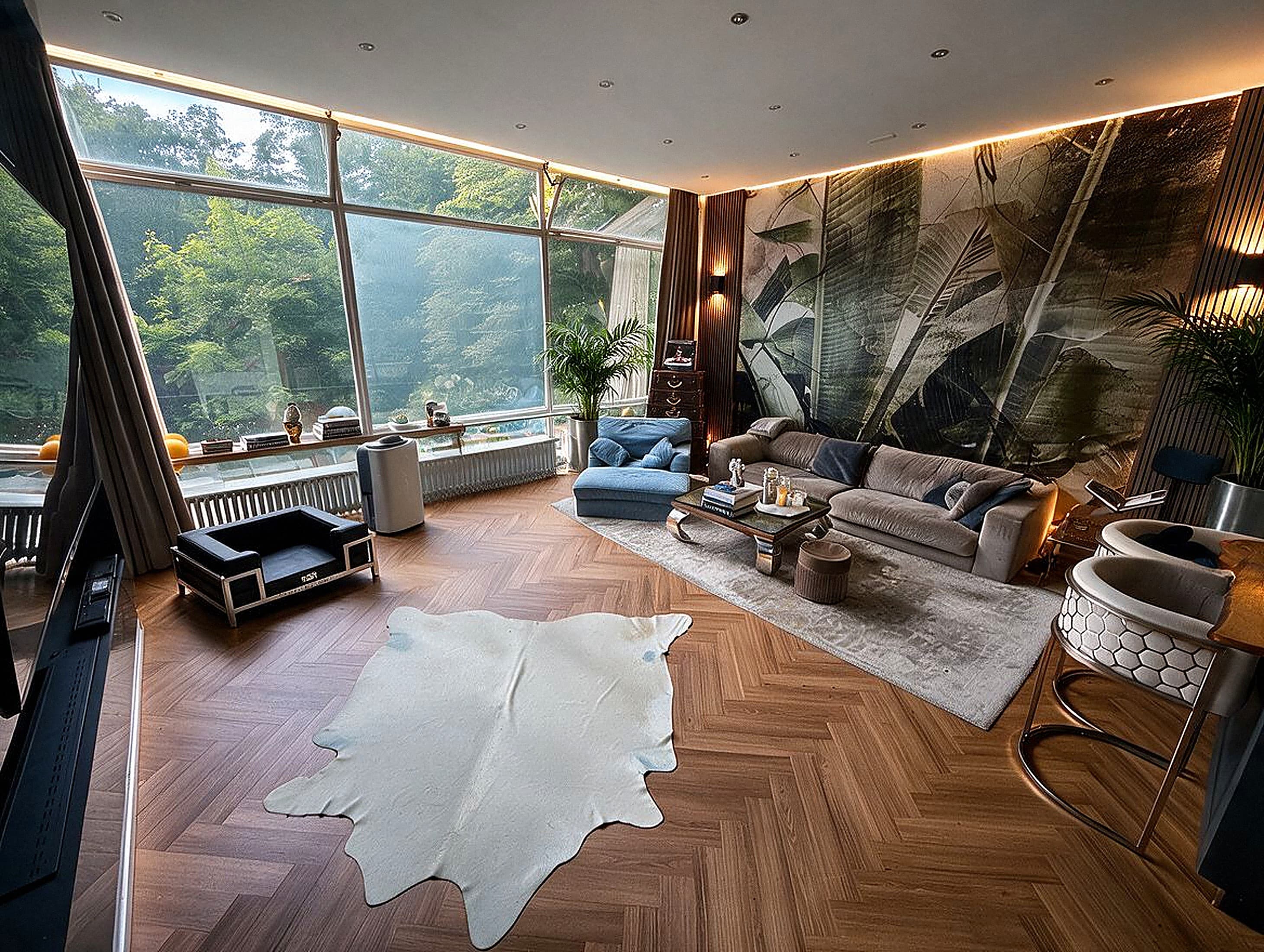 Wohnzimmer mit Panoramafenster und Fischgrät-Parkett